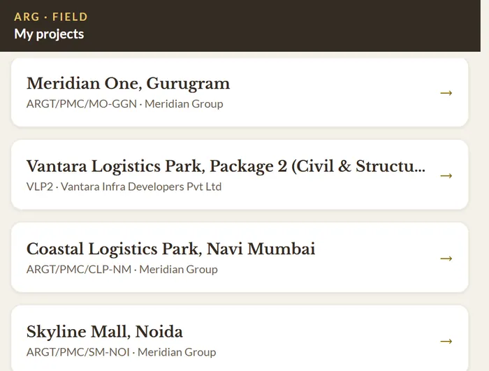 The ARG Field phone app showing the project list a site engineer files records against