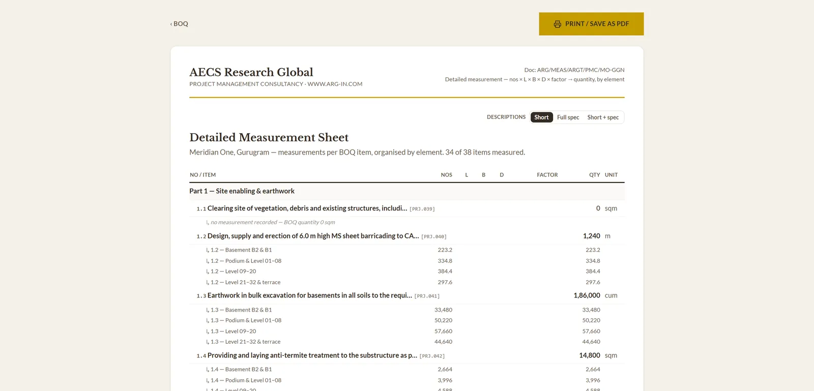 The ARG Assure detailed measurement sheet listing measured BOQ items by element