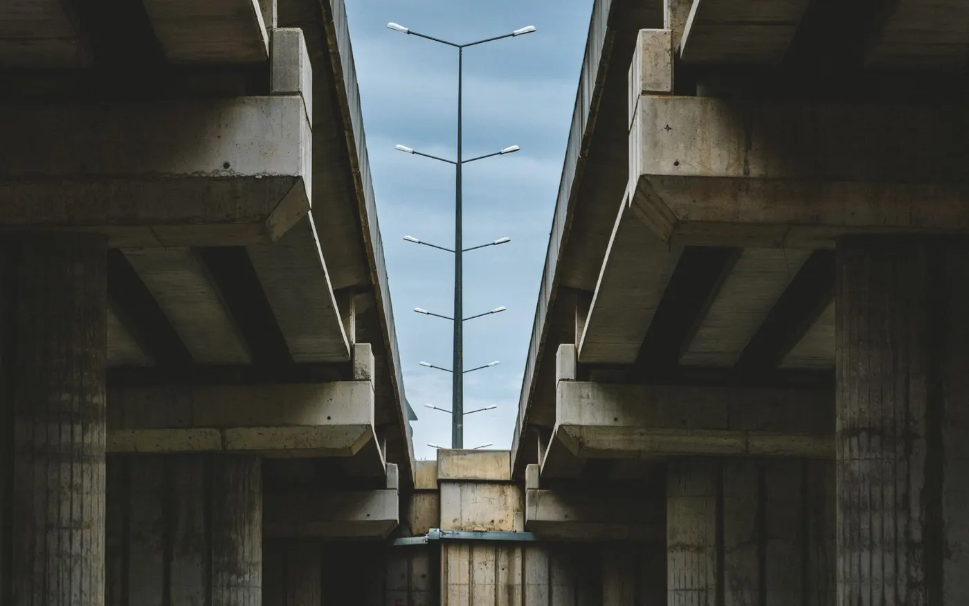 Concrete highway bridges carrying a road overhead